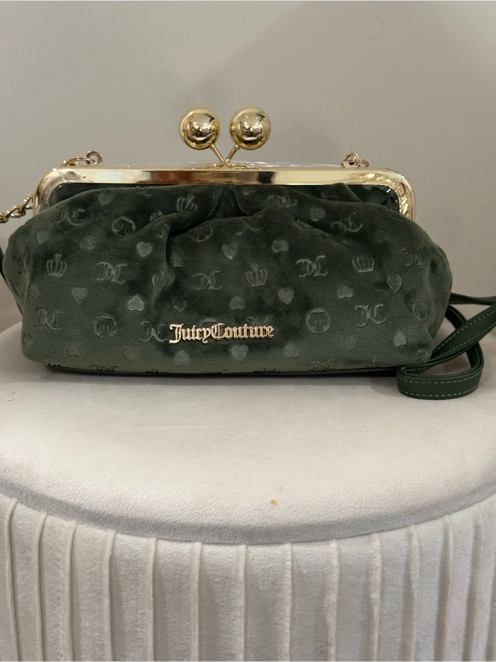 Juicy Couture Dark Green Velvet Kiss-Lock Wristlet with Gold Hardware